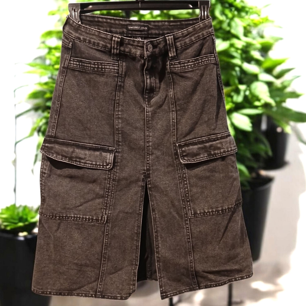 Sincerely Jules Cargo Pockets Black Denim Jean Skirt Midi Slit Sz 9 Grunge